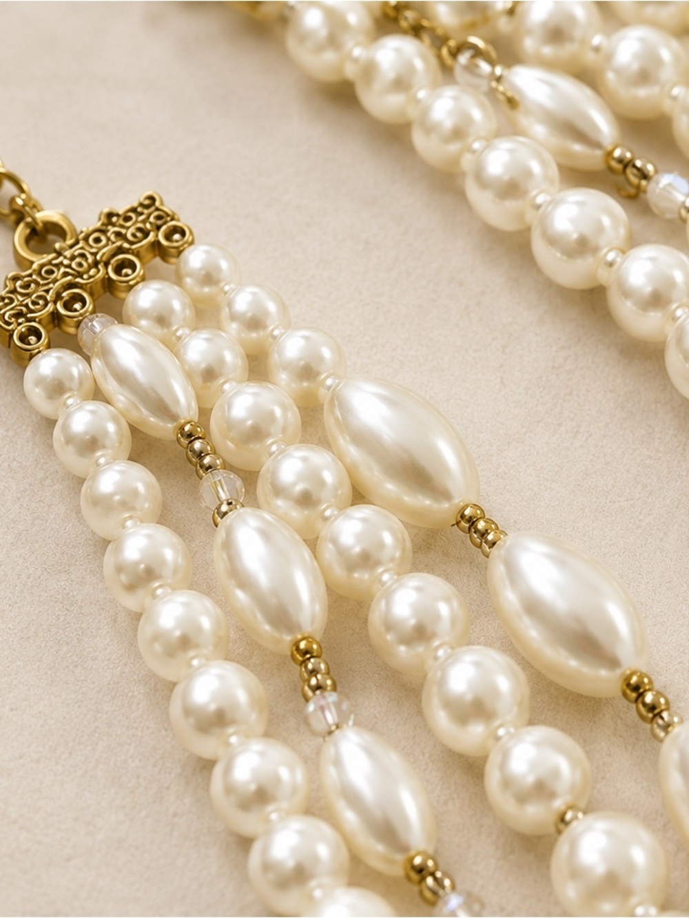 Elegant Multi Strand Pearl Bridal Statement Necklace Gold Tone Layered Jewelry - Picture 5 of 7
